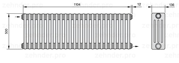 Схема (чертеж) Радиатор Zehnder Charleston 4050/24 №1670 Белый глянцевый RAL 9016